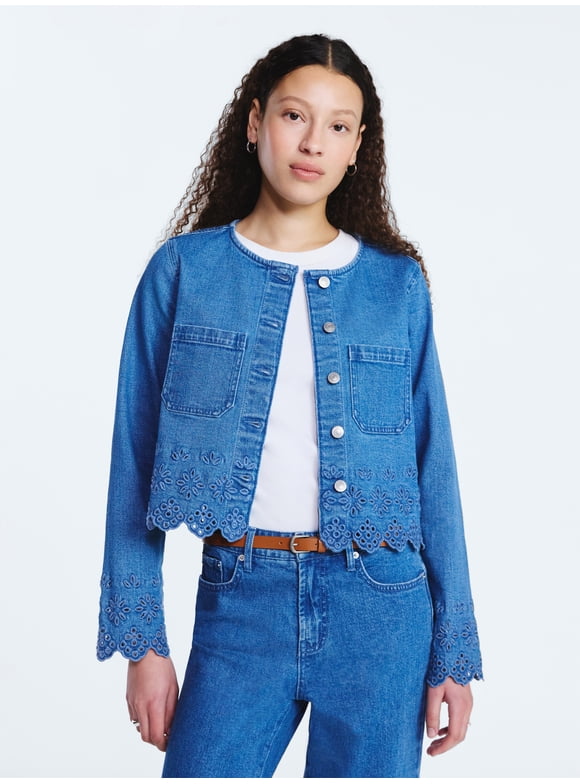 Women's and Women's Plus Embroidered Eyelet Denim Jacket, Sizes XS-4X