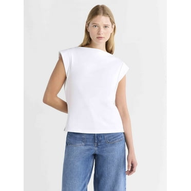 Free Assembly Women's and Women's Plus Cotton Boatneck Tee with Wide Cap Sleeves, Sizes XS-4X