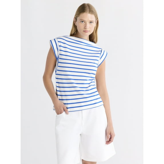 Free Assembly Women's and Women's Plus Cotton Boatneck Tee with Wide Cap Sleeves, Sizes XS-4X