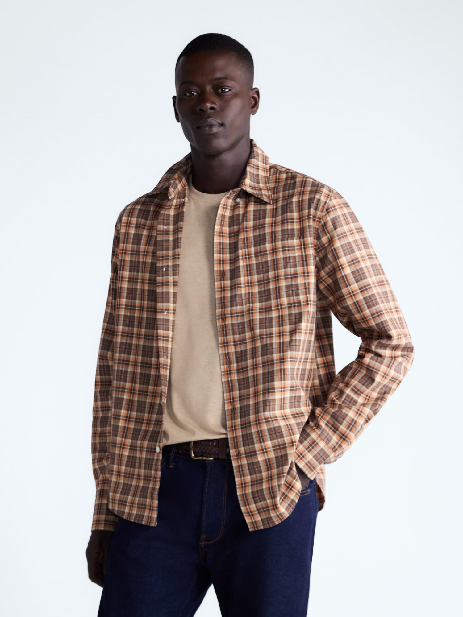 Free Assembly Men's Plaid Button Down Cotton Shirt, Sizes XS-3XL