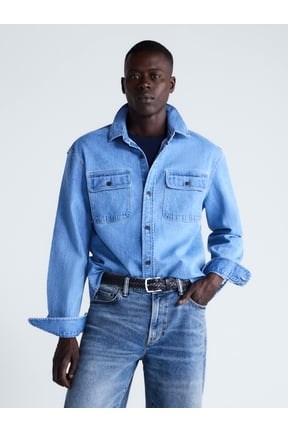 Men's Heavyweight Denim Shirt with Long Sleeves, Sizes S-2XL