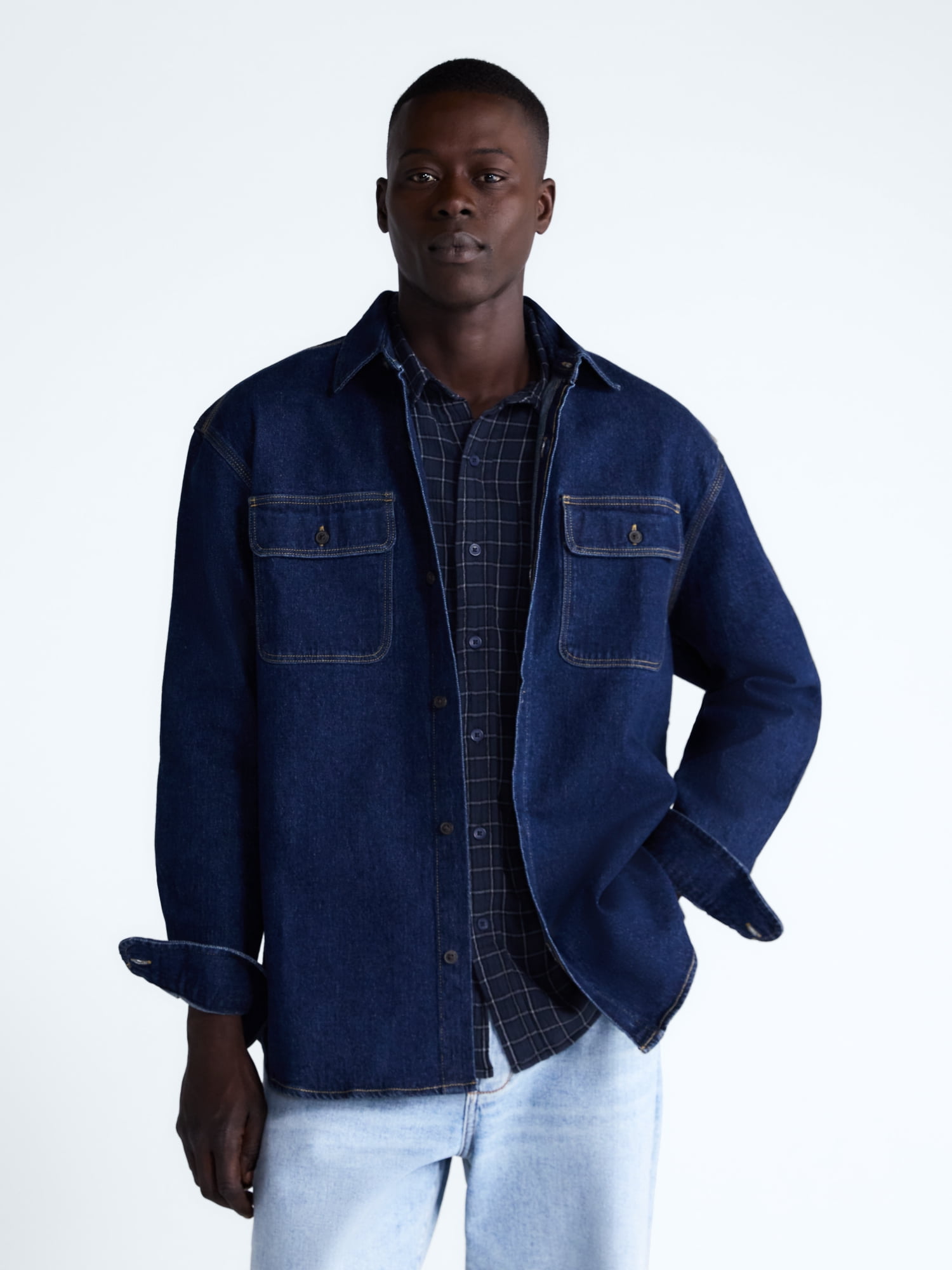 Free Assembly Men's Heavyweight Denim Shirt with Long Sleeves, Sizes S-2XL