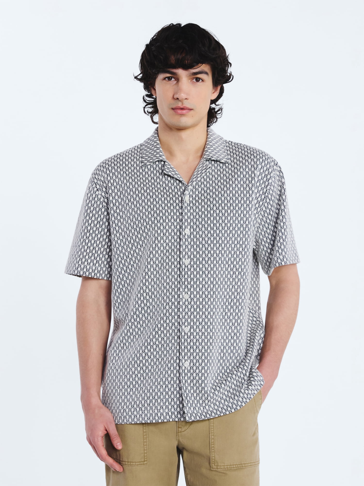 Free Assembly Men's Button Front Jacquard Shirt with Short Sleeves, Sizes S-3XL