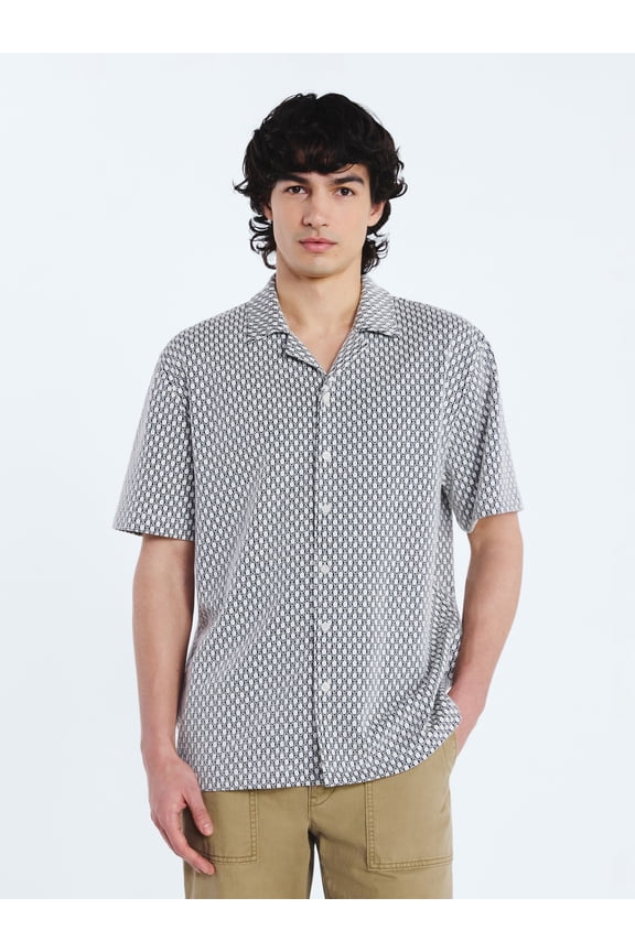 Men's Button Front Jacquard Shirt with Short Sleeves, Sizes S-3XL