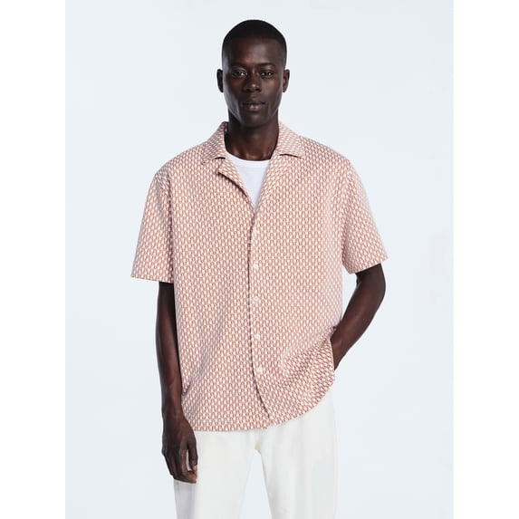 Free Assembly Men's Button Front Jacquard Shirt with Short Sleeves, Sizes S-3XL