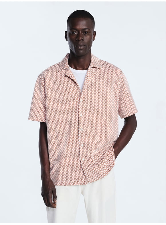 Men's Button Front Jacquard Shirt with Short Sleeves, Sizes S-3XL