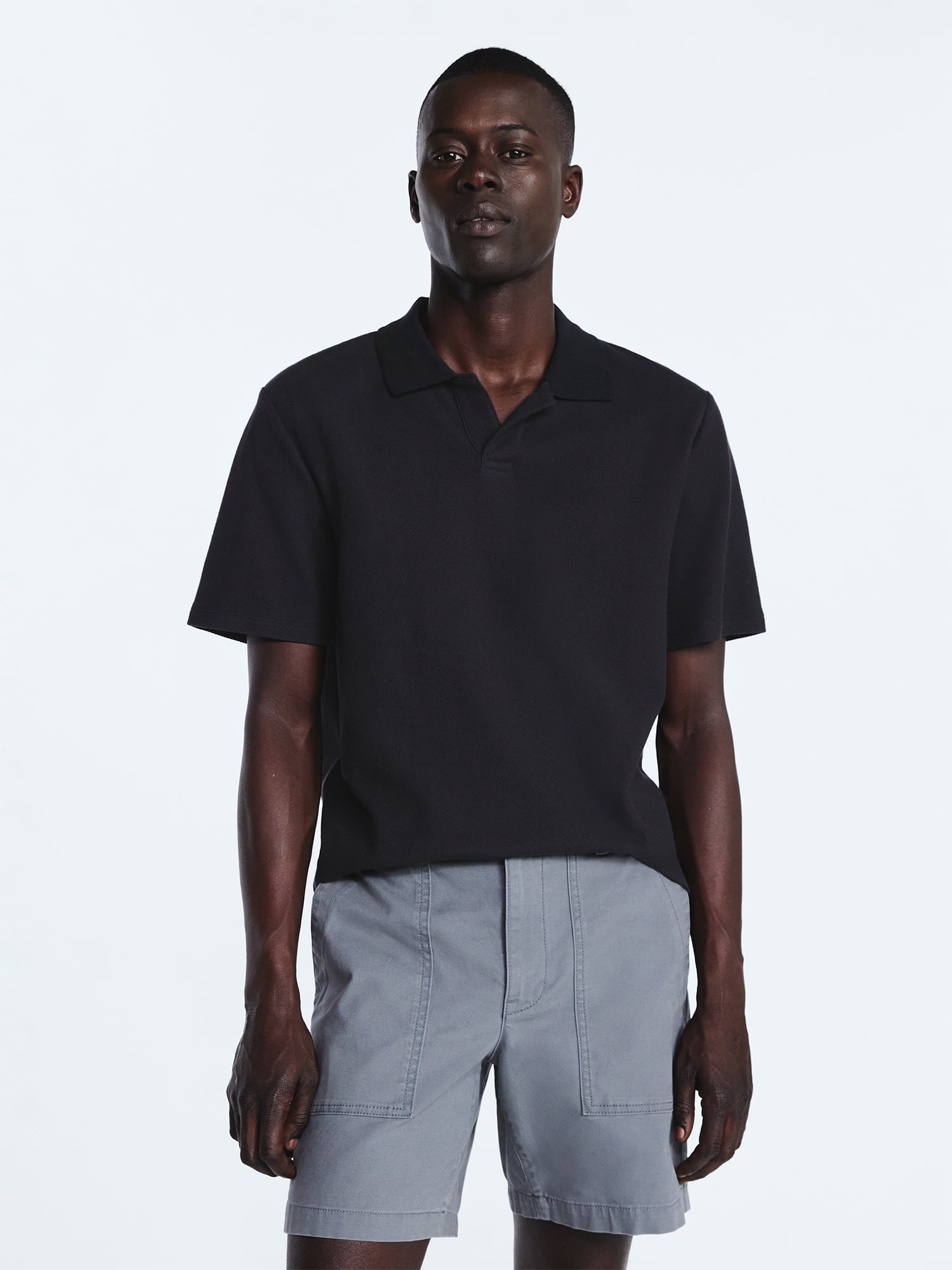 Free Assembly Men's Honeycomb Johnny Collar Cotton Polo Shirt with Short Sleeves, Sizes S-XXXL