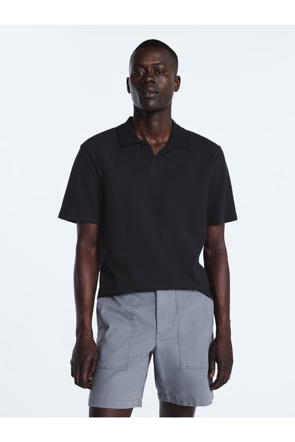 Men's Honeycomb Johnny Collar Cotton Polo Shirt with Short Sleeves, Sizes S-XXXL