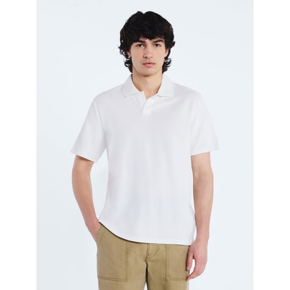 Free Assembly Men's Honeycomb Johnny Collar Cotton Polo Shirt with Short Sleeves, Sizes S-XXXL