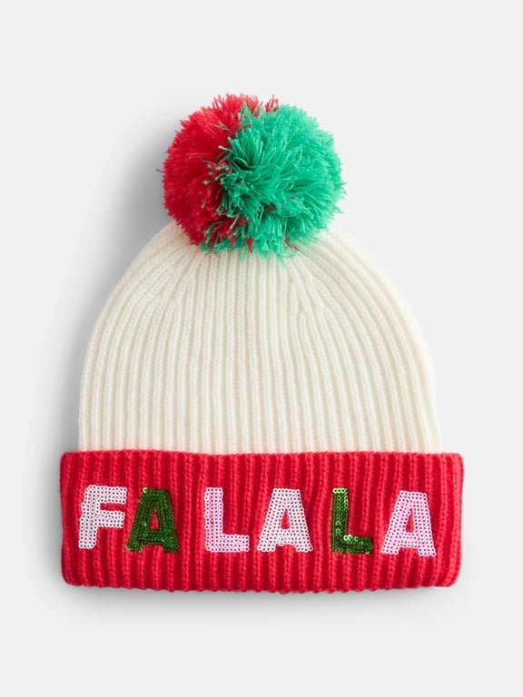 Women's Sequined Fa La La Beanie Hat, Ivory/Red