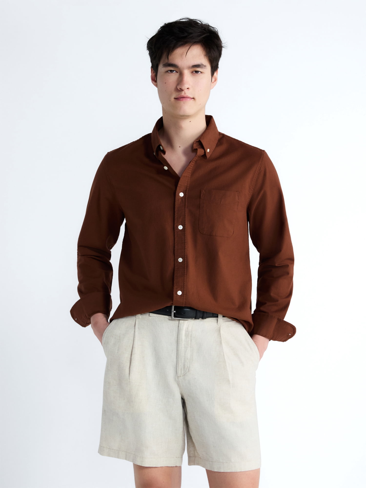Free Assembly Men's Button Front Oxford Shirt with Long Sleeves, Sizes S-3XL