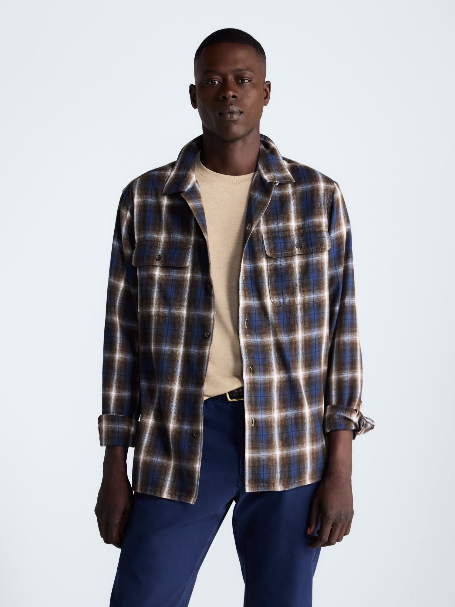 Free Assembly Men’s Cotton Twill Camp Shirt with Long Sleeves, Sizes XS-3XL