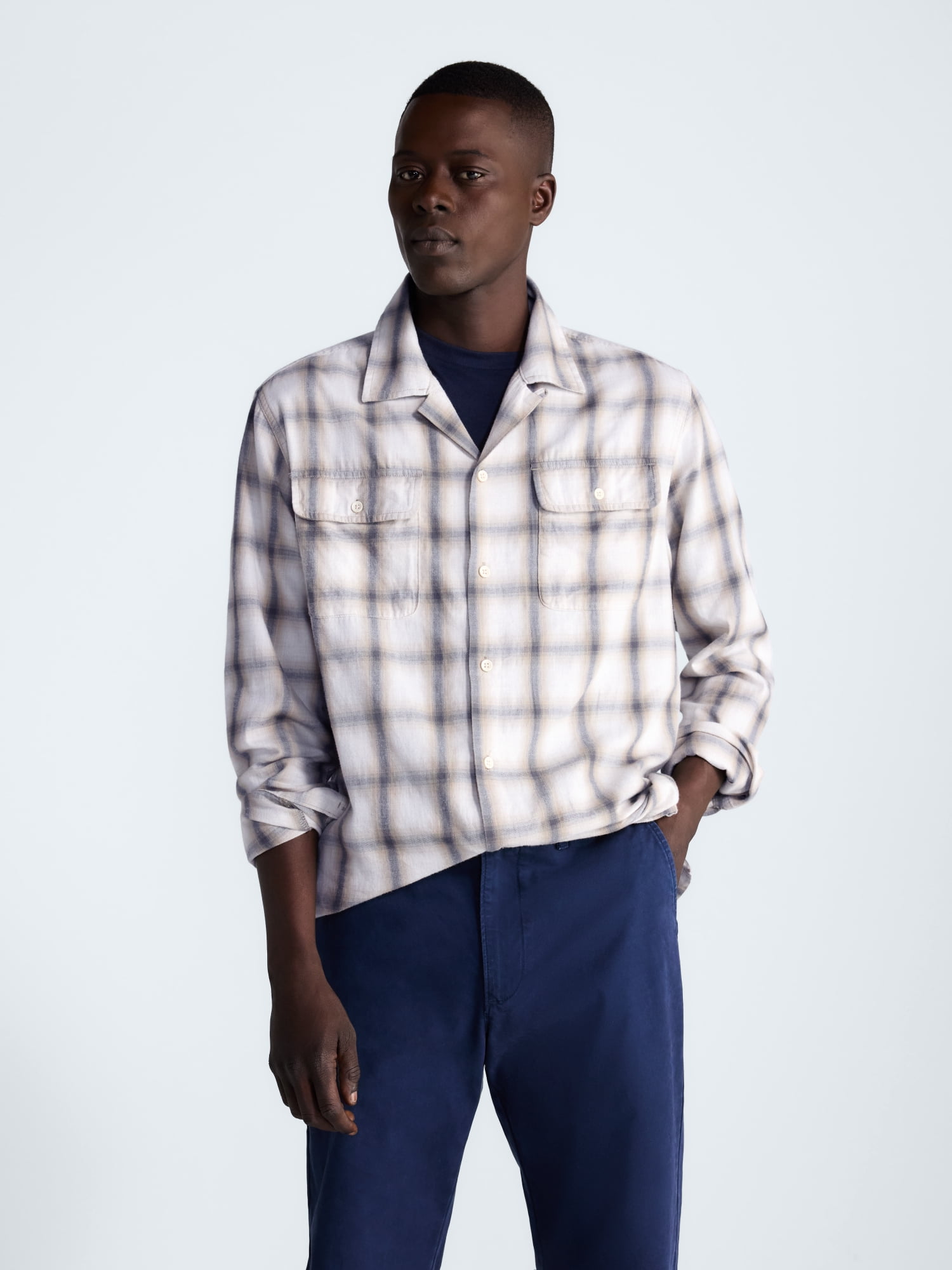 Free Assembly Men’s Cotton Twill Camp Shirt with Long Sleeves, Sizes XS-3XL