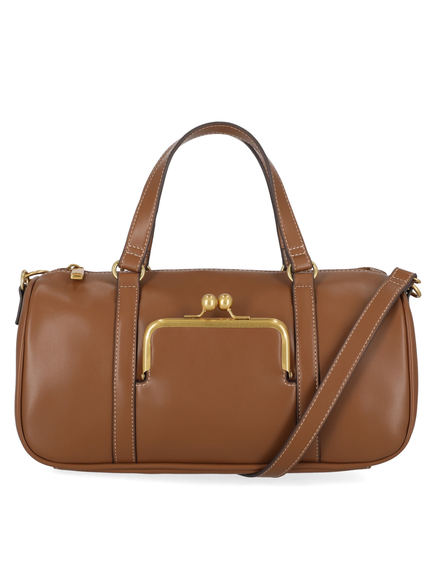 Free Assembly Women's Faux Leather Frame Satchel Handbag, Autumn Brown