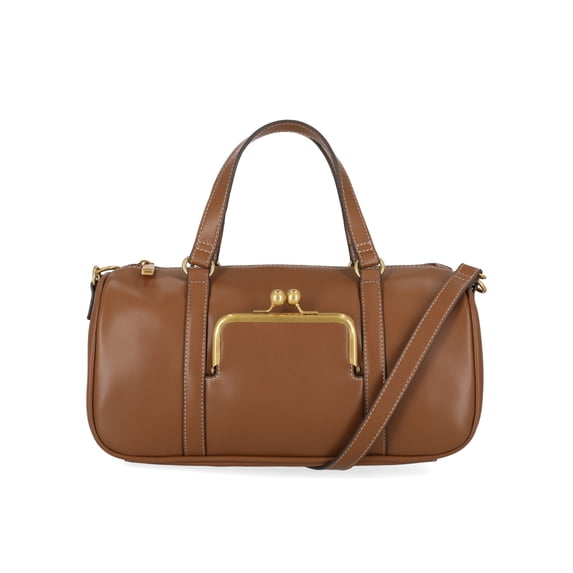 Free Assembly Women's Faux Leather Frame Satchel Handbag, Autumn Brown