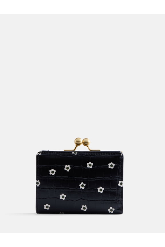 Women's Kiss Lock Frame Wallet, Croco Black