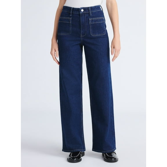 Free Assembly Women's and Women's Plus Wide Leg Jeans with Patch Pockets, 30", 32", and 34" Inseams, Sizes 0-26 Plus