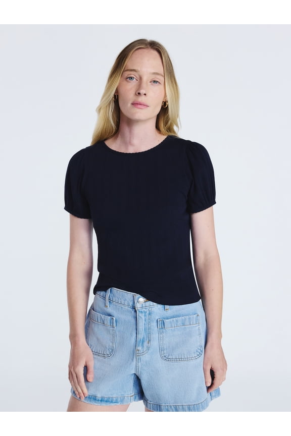 Women's Crewneck Top with Short Puff Sleeves, Sizes XS-XXL