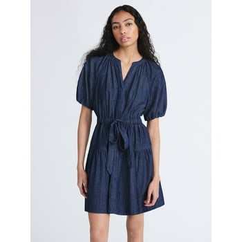 Free Assembly Women's Denim Tiered Mini Dress with Puff Sleeves, Sizes XS-XXL