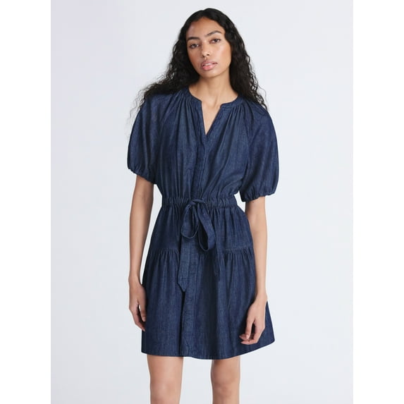 Free Assembly Women's Denim Tiered Mini Dress with Puff Sleeves, Sizes XS-XXL