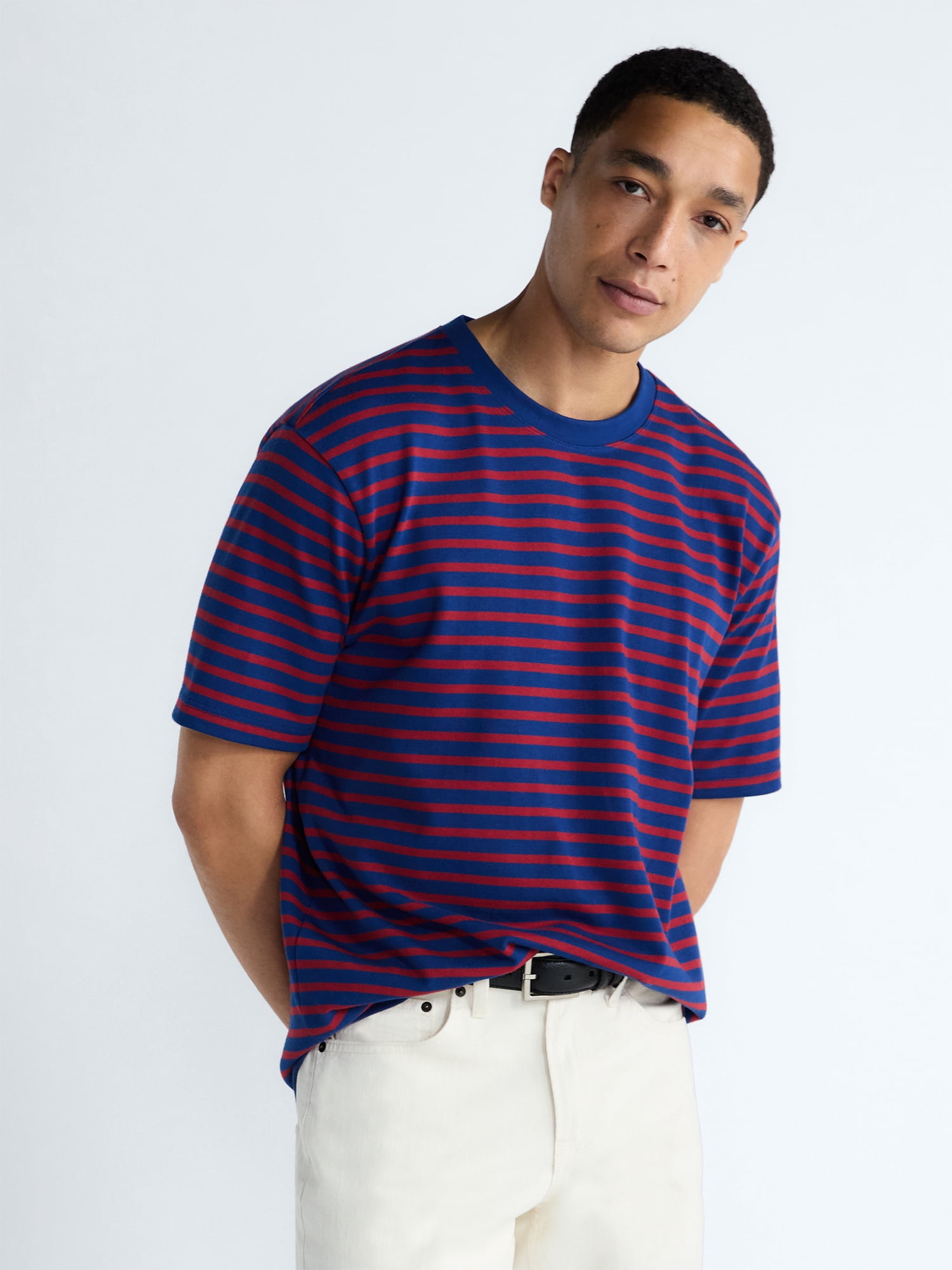 Free Assembly Striped Relaxed Heavyweight Tee with Short Sleeves, Sizes XS-3XL