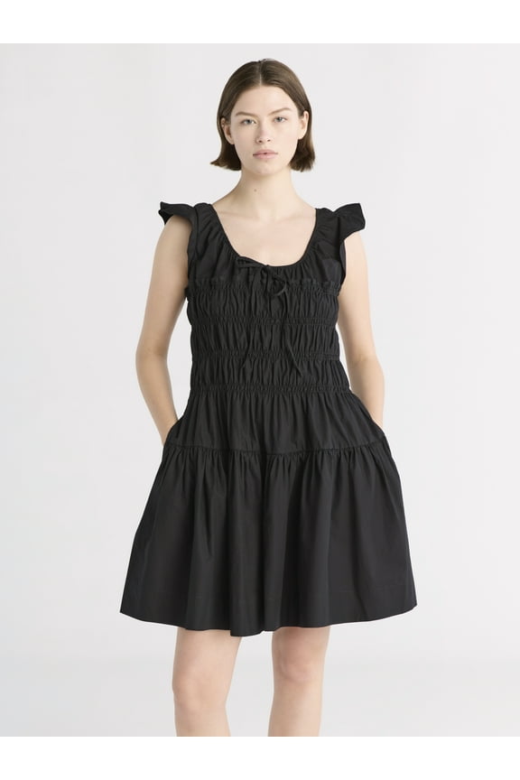 Women's and Women’s Plus Smocked Cotton Mini Dress with Flutter Sleeves, Sizes XS-4X