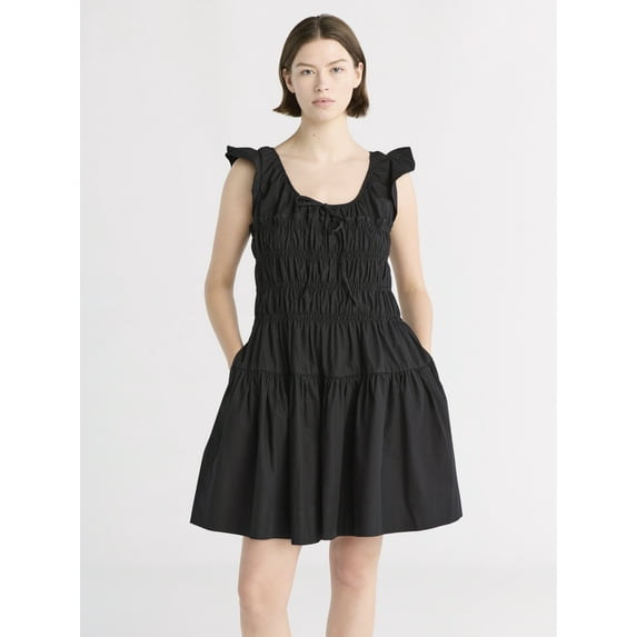 Free Assembly Women's and Women’s Plus Smocked Cotton Mini Dress with Flutter Sleeves, Sizes XS-4X