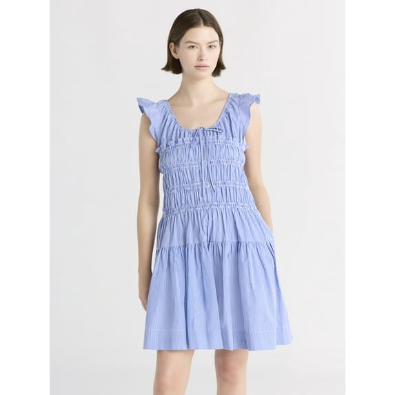 Free Assembly Women's and Women’s Plus Smocked Cotton Mini Dress with Flutter Sleeves, Sizes XS-4X