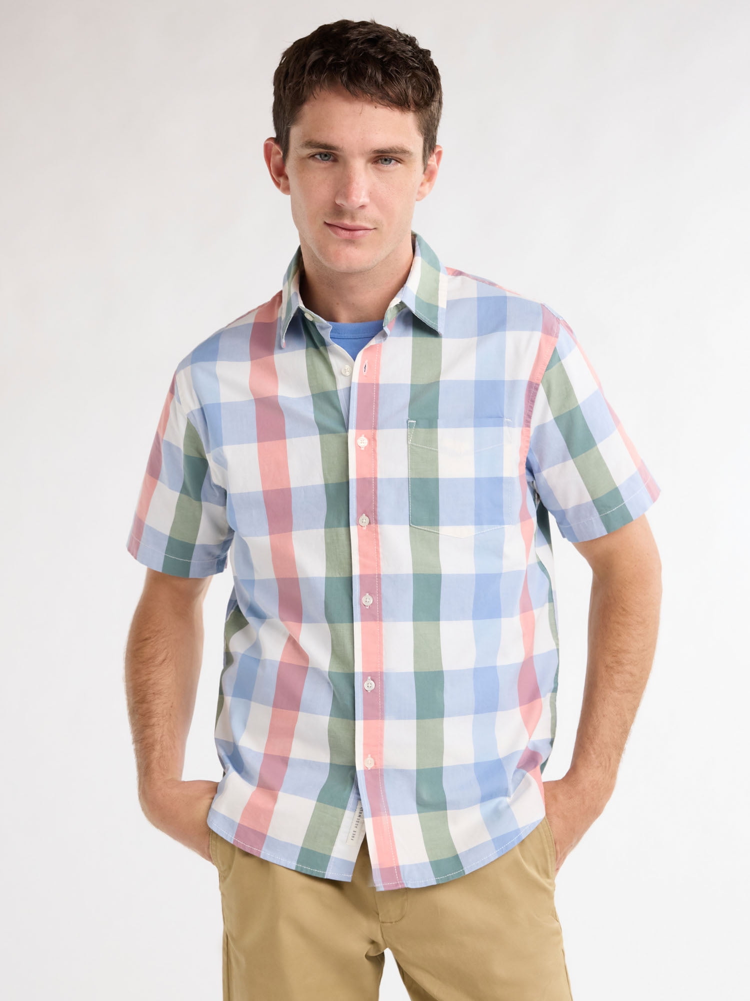 Free Assembly Men’s Heathered Button Front Shirt with Short Sleeves, Sizes XS-XXXL