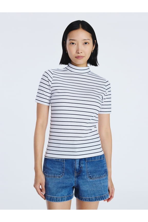 Women's Mock Neck Tee with Short Sleeves, Sizes XS-XXL