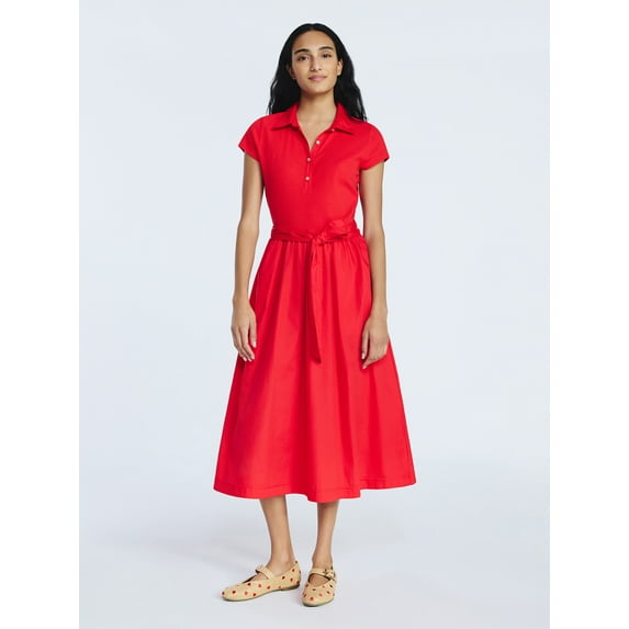 Free Assembly Women's and Women's Plus Belted Mixy Polo Midi Dress with Short Sleeves, Sizes XS-4X