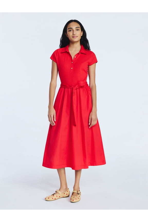 Women's and Women's Plus Belted Mixy Polo Midi Dress with Short Sleeves, Sizes XS-4X