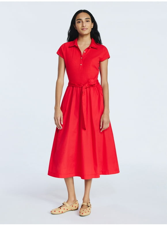 Women's and Women's Plus Belted Mixy Polo Midi Dress with Short Sleeves, Sizes XS-4X