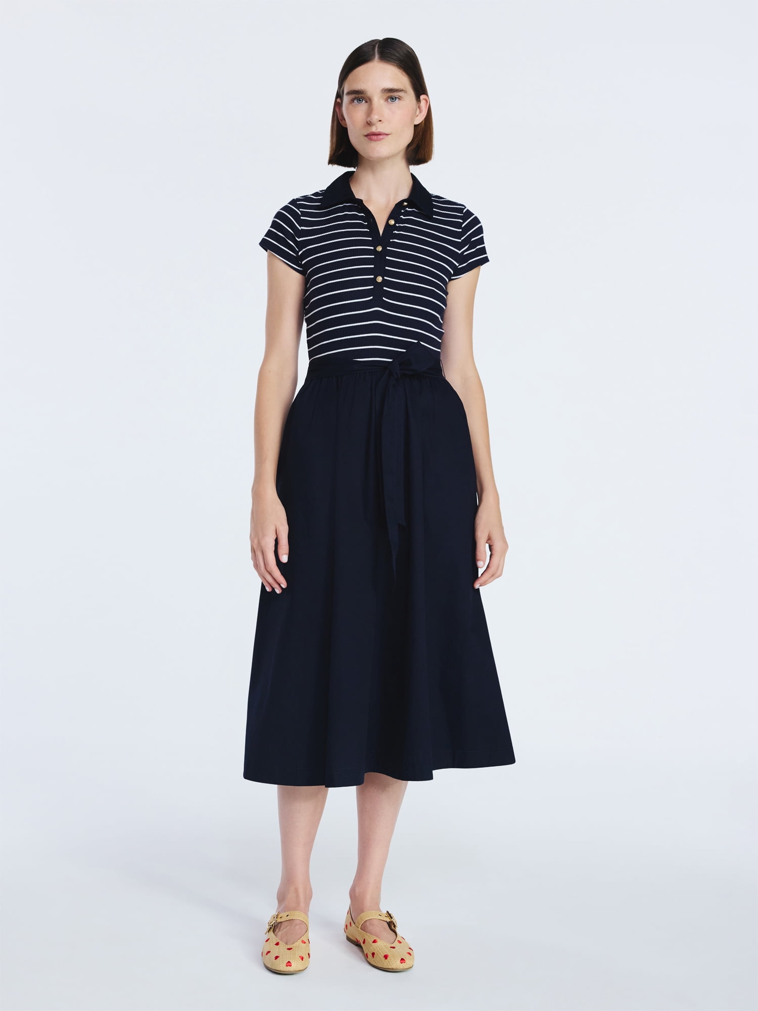 Women's and Women's Plus Belted Mixy Polo Midi Dress with Short Sleeves, Sizes XS-4X