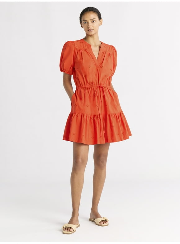 Women's and Women's Plus Cotton Eyelet Tiered Mini Dress with Puff Sleeves, Sizes XS-4X