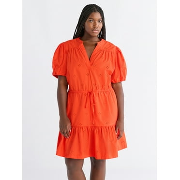 Free Assembly Women's and Women's Plus Cotton Eyelet Tiered Mini Dress with Puff Sleeves, Sizes XS-4X