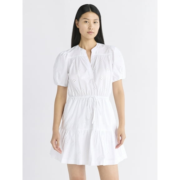 Free Assembly Women's and Women's Plus Cotton Eyelet Tiered Mini Dress with Puff Sleeves, Sizes XS-4X