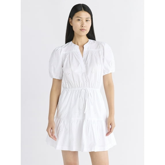 Free Assembly Women's and Women's Plus Cotton Eyelet Tiered Mini Dress with Puff Sleeves, Sizes XS-4X