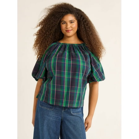 Free Assembly Women’s and Women's Plus Cotton Blouse with Short Puff Sleeves, Sizes XS-4X