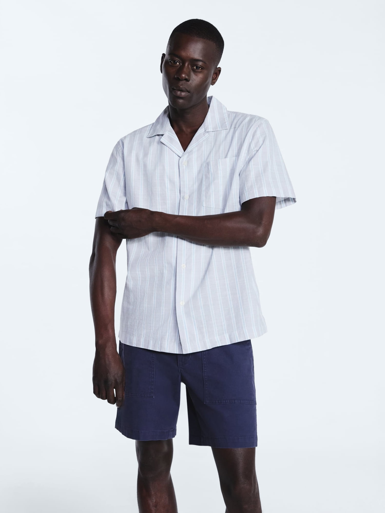 Free Assembly Men's Striped Cotton Camp Shirt with Short Sleeves, Sizes S-3XL