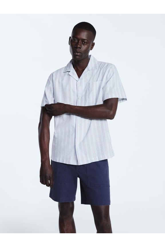 Men's Striped Cotton Camp Shirt with Short Sleeves, Sizes S-3XL