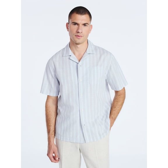 Free Assembly Men's Striped Cotton Camp Shirt with Short Sleeves, Sizes S-3XL