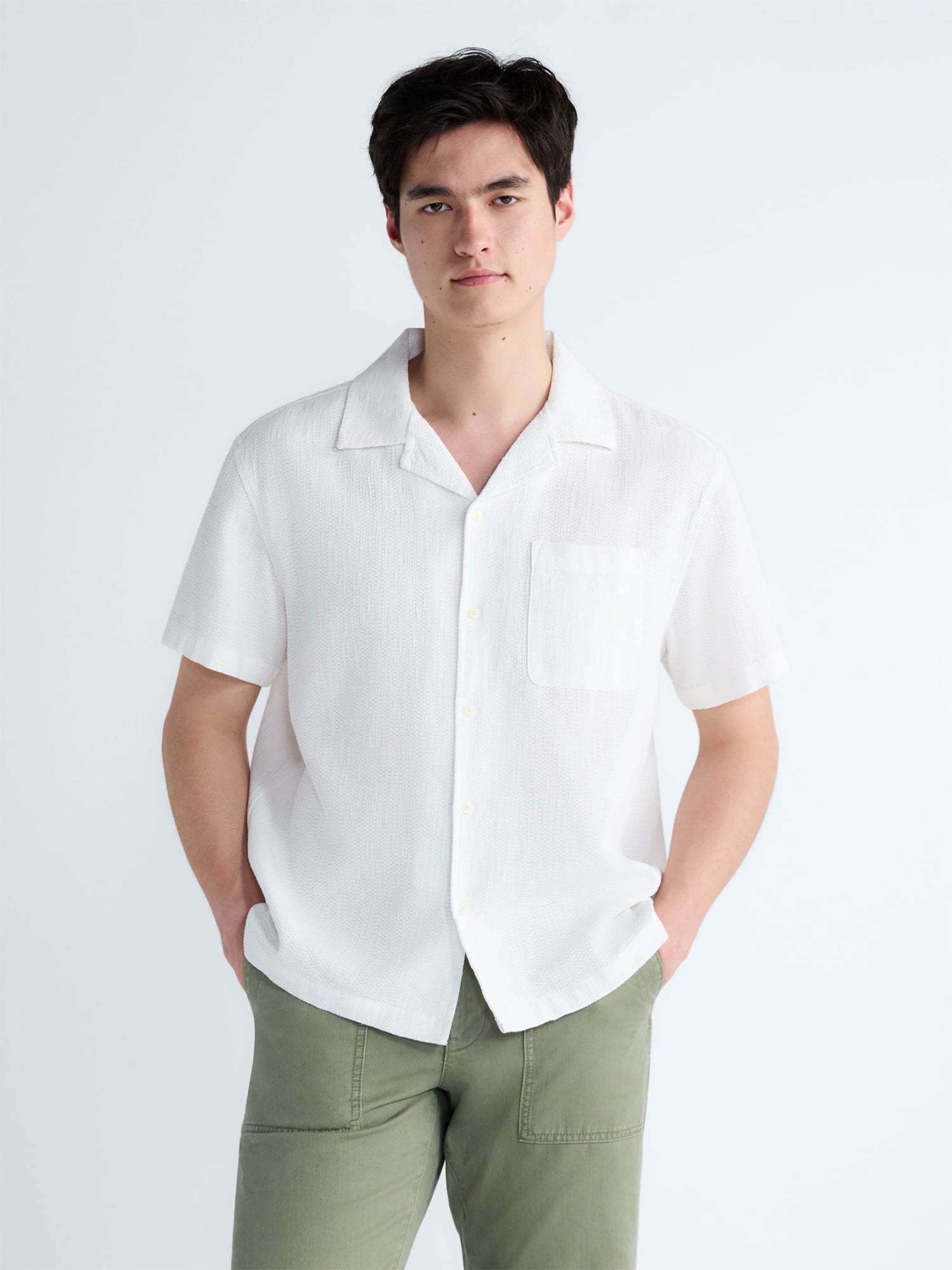 Free Assembly Men's Textured Cotton Camp Shirt with Short Sleeves, Sizes S-3XL