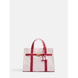 Free Assembly Women's Canvas Tote Handbag with Tote Charm, Natural with Red