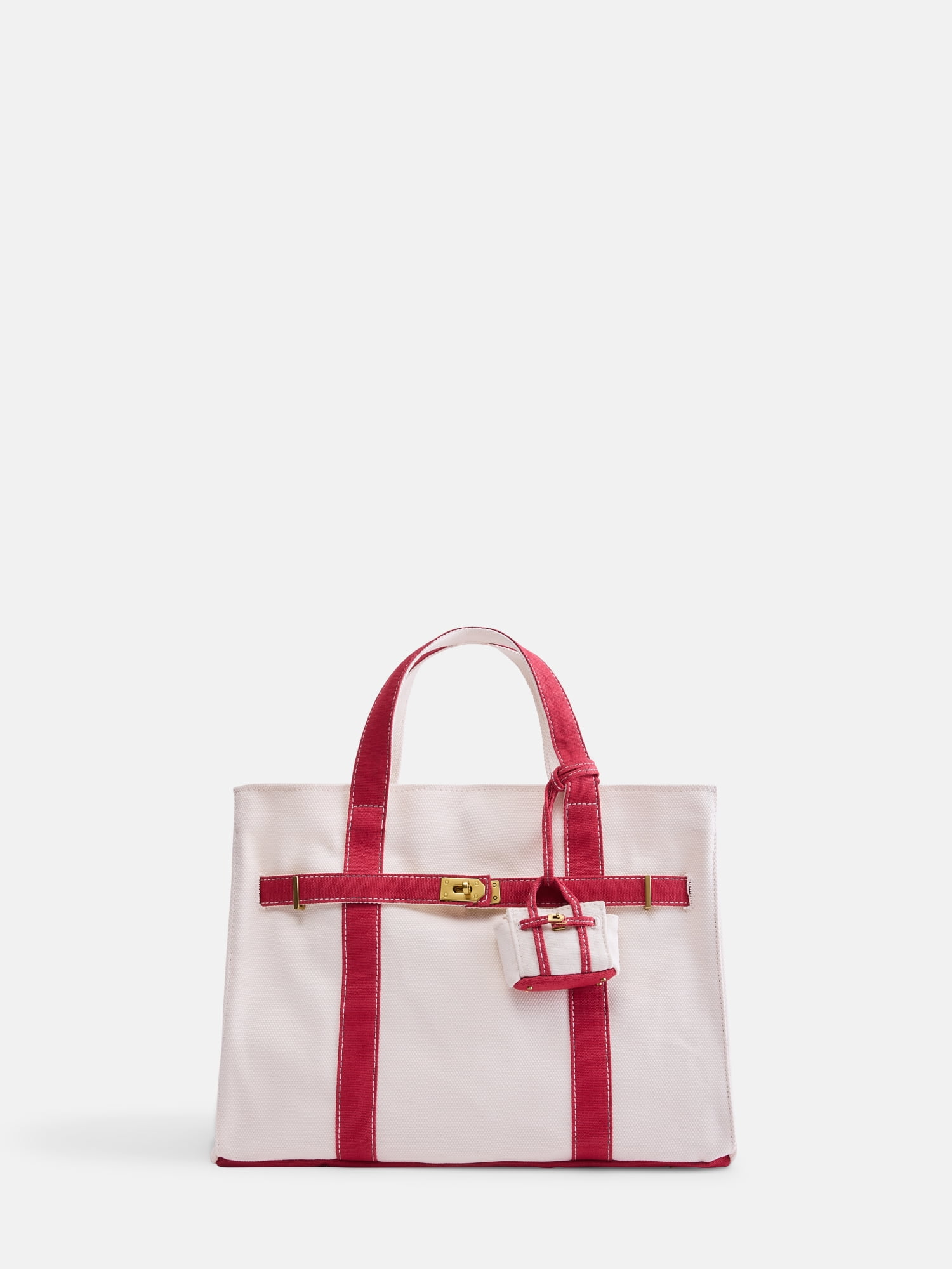Free Assembly Women's Canvas Tote Handbag with Tote Charm, Natural with Red