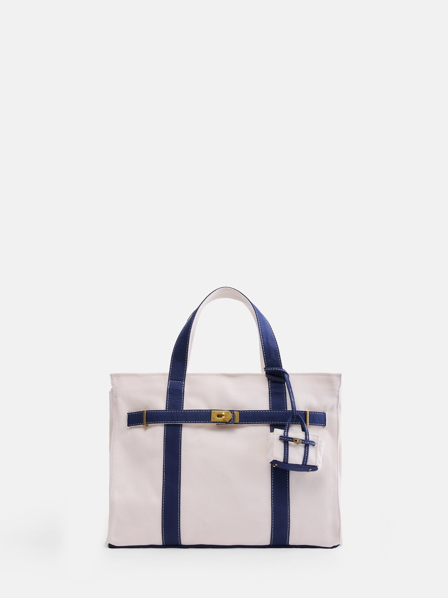 Free Assembly Women's Canvas Tote Handbag with Tote Charm, Natural with Navy