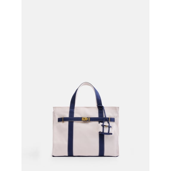 Free Assembly Women's Canvas Tote Handbag with Tote Charm, Natural with Navy