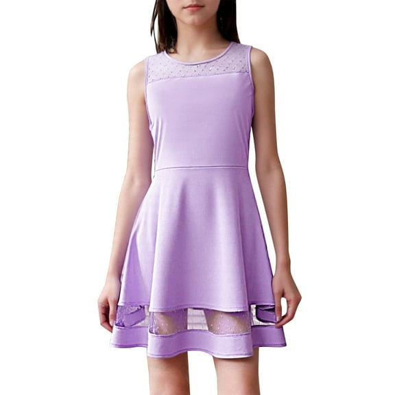 FA0WME Pretty Girl Summer Solid Color Mesh Patchwork Sleeveless Round Neck A Line Dress With Pockets