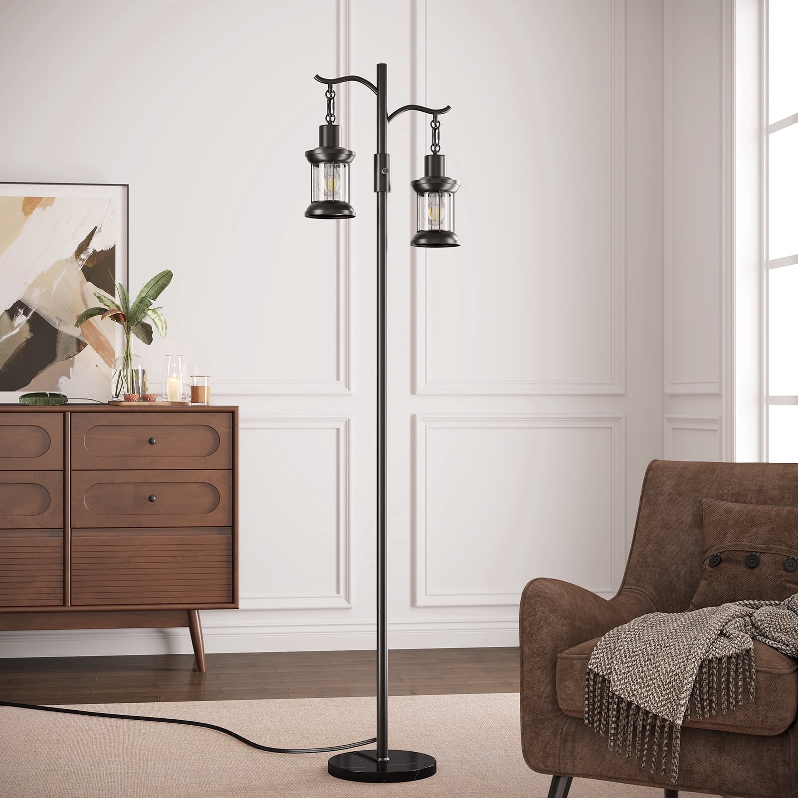 SUNMORY 63" Modern Floor Lamps with Stepless Dimming, 2 Light Glass Floor Lamps for Living Room, Lamps for Bedroom with Weighted Marble Base, Includes 2 LED Bulbs for Bedroom Living Room