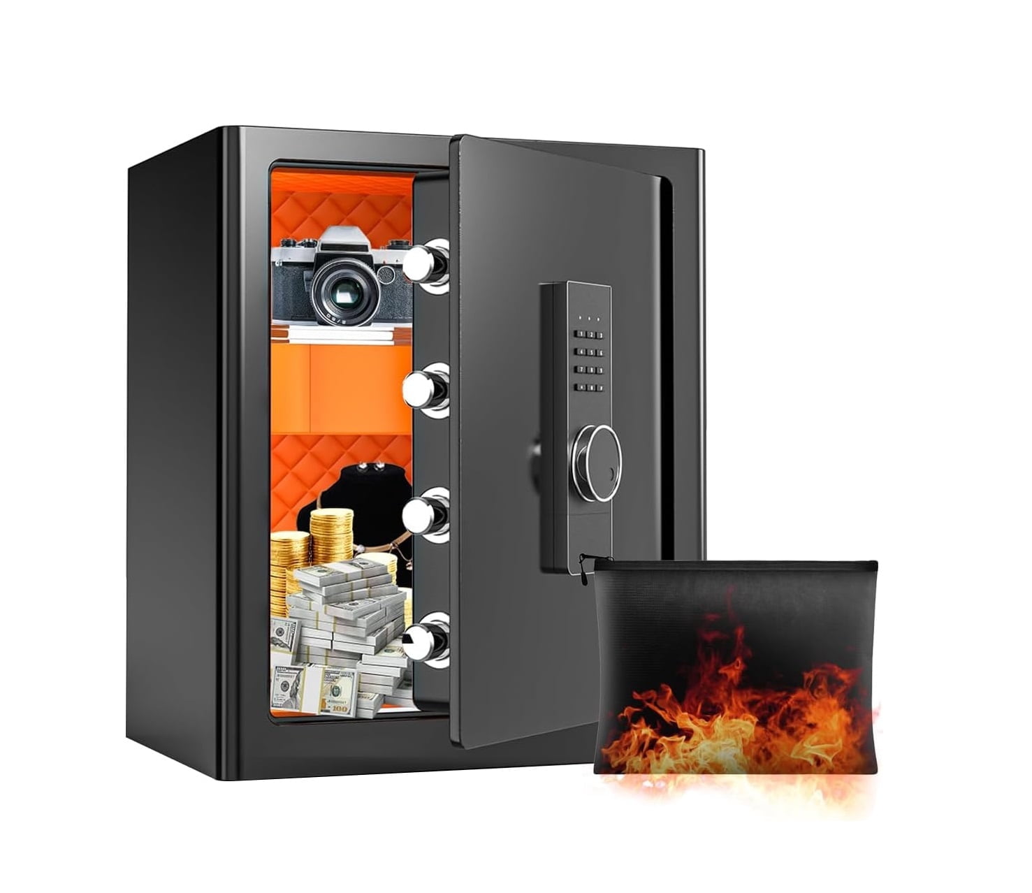 FABAO Home Safe Box with Fireproof Waterproof Safe Bag, 2.0 Cuft Security Safe with Digital Keypad, Personal Document Safe with LED Light and Built-In Drawer for Home Dorm Office Hotel Bunsiness